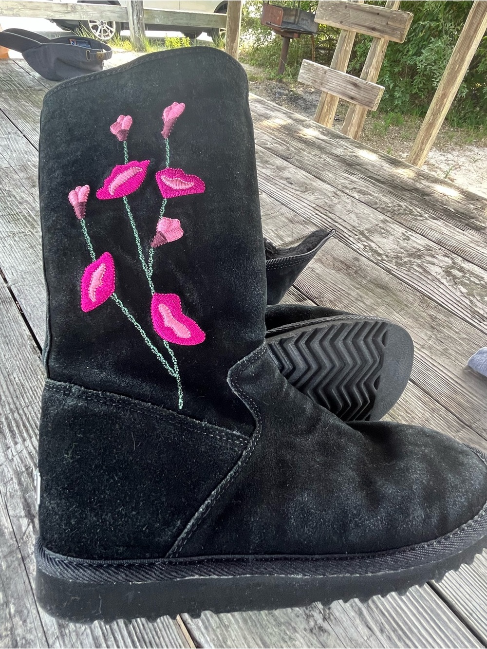 Uggs Black Suede Mid-Calf Boots with Pink Floral Embroidery Sz 6